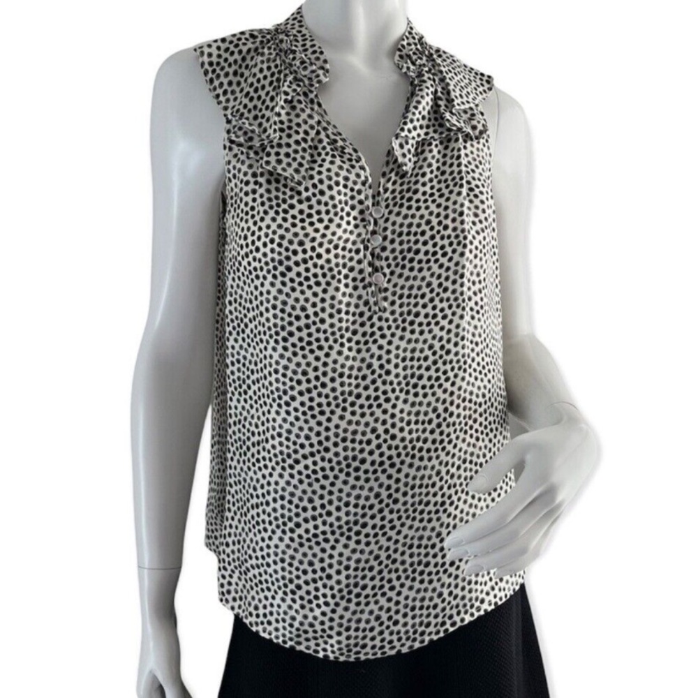 Cynthia Rowley 100 % Silk White Black Polka Dot V Neck Ruffle Sleeveless Top - Picture 1 of 7